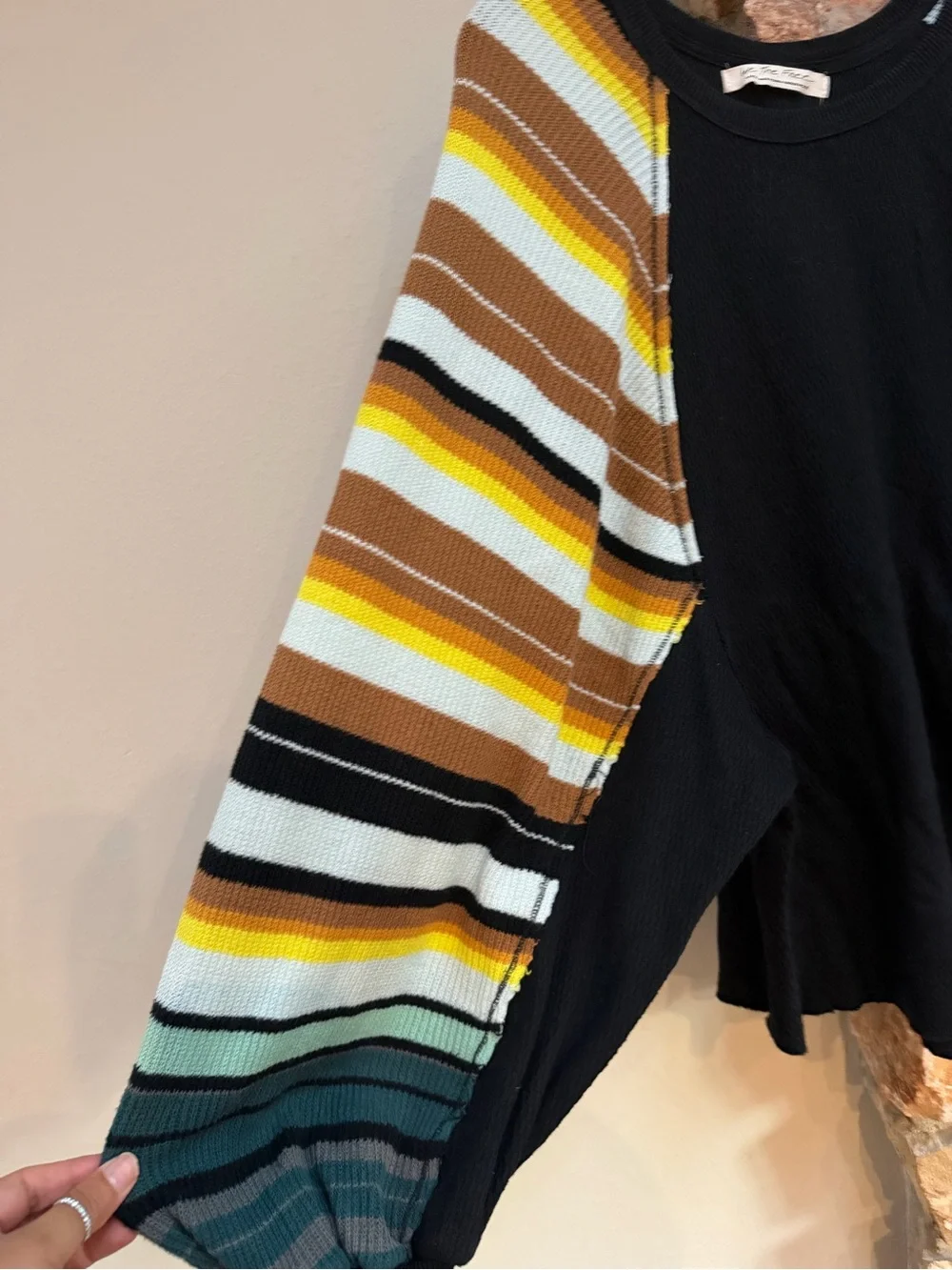 Free People Rainbow Stripes Waffle Knit Top with Striped Balloon Sleeves